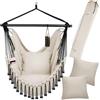 tectake® Poltrona Sospesa Malika, Stile Bohemien, Tessuto Misto Cotone-Poliestere Traspirante, Cuscini Extra Spessi, Scomparto per Libri, Appoggio per Bibite Regolabile, Carico Massimo 150kg - Beige