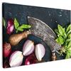 MuchoWow© Quadro Moderno Soggiorno 90x60 cm Decorazioni Da Parete Quadri Su Tela Da Salotto Grandi Foto Con Cornice Stampe Su TelaVerdura - Erbe - Coltello a culla - Cipolla - Spezie - Cucina