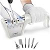 longzon Affilacoltelli Professionale, 4 in 1 Affila Coltelli da Cucina con Due Guanti Antitaglio, Affilacoltelli Manuale per Coltelli Dritti, Forbici, Sicuro e Facile da Usare - Bianco