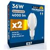 Eurocali 2 Lampadine LED Industriali E27 22W Oliva Ø90mm Chip CREE SMD 4000 Lumen Garanzia 3 Anni - Luce Naturale 4000K - Lampade Lowbay da Interno Alta Luminosità 111 lm/W Non Dimmerabili in Plastica Opaca
