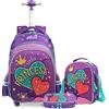 Egchescebo Zaino Trolley Scuola Elementare Crostaceo con Cuore Bambina Ruote Regoli da Viaggio Carrello Porta per La Bimba Ragazza Seven Media Asilo Bambino Superiori Ragazza Rotelle 17 3pcs Rosso