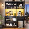 Moimhear Armadietto da cucina alto, credenza, con ante in vetro e illuminazione a LED (nero, 130 x 45 x 180 cm)