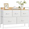 SONGMICS Cassettiera per Camera da Letto, 5 Cassetti in Tessuto con Maniglie, Mobiletto Portaoggetti, per Soggiorno, Corridoio, Struttura in Acciaio, Bianco Nuvola e Beige Rovere LTS135W01