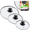 KADAX Set di 3 coperchi universali in vetro, diametro 16/18/20 cm, con manico nero lucido, resistenti al calore, per pentole e padelle, cottura a vista