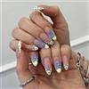 Bryxora 24 Unghie Press On a Forma di Mandorla, Unghie Lunghe Nude con Fiori French Tip, Set Completo di Manicure con Accessori