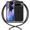 ANFAIRLACE Cover Cordino Compatibile con Google Pixel 9 Pixel 9 Pro, Nero | Custodia Laccio Trasparente Silicone Morbido Regolabile Antiurto Rinforza Angoli Cuscino d'Aria Chiaro Case