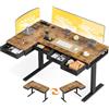OffiGo Scrivania Regolabile in Altezza, 140x80 cm Scrivania Angolare con 4 Cassetti, Elettrica Scrivanie ad Angolo con Presa, Grande Standing Desk a L per Ufficio e Studio, Computer Desk Marrone