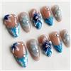 Bryxora 30 Unghie Finte Press On a Mandorla Marroni, Unghie a Media Lunghezza con Decorazioni Floreali Blu e Strass, Set Completo di Manicure Fai da Te con Accessori