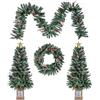FANTASK Set di 4 decorazioni natalizie, Albero di Natale artificiale con ghirlanda natalizia e corona natalizia, Mini abete con pigne di pino, bacche rosse ghiacciate e stella