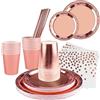 Shodiffy Stoviglie per Feste di Compleanno, 125 Pcs Piatti Set Stoviglie Decorazioni con Piatti Carta Tovaglioli Tazze Cannucce Riutilizzabile 25 Ospiti (Oro rosa)