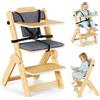 Mechprip Seggiolone Pappa Legno, 2 in 1 Seggiolone Evolutivo, Sedia Ergonomica con Cintura a 5 Punti e Spartigambe Regolabili, Facile da Pulire, Natural Wood + Cuscino per Bambini 6+ Mesi
