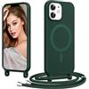 Coiwxmoi Magnetica Cover per iPhone 12 Mini con Cordino Regolabile, [Compatibile con MagSafe] Custodia con Collana Tracolla Laccio Collo Liquido TPU Silicone Lanyard Antiurto Case, Verde Scuro