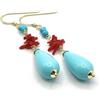 Handmade Orecchini con Gocce Turchesi Corallo Rosso e Giada, Pendenti Lunghi, Vermeil Oro Giallo, Made in Italy, Gioielli Estate, Regalo per Lei