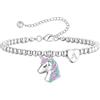Turandoss Braccialetto con unicorno per bambine, placcato in oro bianco 14 carati, in argento placcato in oro bianco 14 carati, con cuore e lettere, gioiello per bambini, regalo per la scuola, Eine