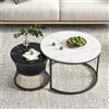 JDEFARF Set di 2 tavolini rotondi rimovibili, tavolini impilabili con struttura in metallo nero e piano con motivo marmo, per soggiorno, balcone (nero + bianco-rotondo)