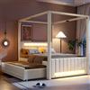 Yrxin Letto imbottito 140 x 200 cm, letto a baldacchino imbottito con letto estraibile e tre cassetti, letto matrimoniale con illuminazione a LED, rete a doghe, letto per ragazzi, senza materasso