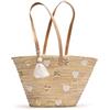 ZocoChic Borsa in vimini con cuori, manici in pelle, pompon decorativo, ca. : 45 x 28 x 18 cm, naturale, naturale, L