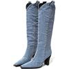 PAIDAXING Stivali da cowboy per le donne Denim Mid High Kitten Heel Boot Slip On ginocchio Punta quadrata Stivali alti Retro Moda Inverno Scarpe Autunno per le signore, Blu, 38.5 EU