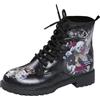 Ulalaza Stivali da donna Punta tonda Tacco largo Stivaletti con plateau gotico Stivali da combattimento da motociclista punk stringati Stivaletti corti in pelle con stampa multicolore