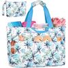 BTNEEU Borsa Mare Donna Grande XXL Famiglia 50L Impermeabile Borsa da Spiaggia con Cerniera Borse Mare Uomo Pieghevole Beach Tote Bag con 14 Taschen per Viaggio Shopping Picnic (Blu Foglie)
