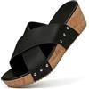 Generic Ciabatte/sandali da donna con zeppa incrociata e plateau, estive, casual, retrò, comode, antiscivolo, punta aperta, in sughero, da spiaggia, Nero , 39 EU