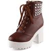 LarDorLin Donna Punta Rotonda Cordoncino Plateau Stivaletti Chunky Tacco a Blocco Comodo Military Inverno Combat Polacchine Fibbia Marrone Numero 40 EU (41 Cn)