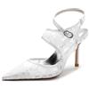 TarfiC Scarpe Decolté Donna Pizzo Scarpe col Tacco Basso Punta Chiusa Punta a Punta Fibbia Sposa Festa Sandali con Tacco Alto 8.5CM/bianco avorio argento