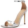 GENSHUO Scarpe col tacco alto da donna, un cinturino, punta aperta, stiletto da 10 cm, eleganti per feste di matrimonio, Vernice argento, 41 EU