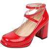 LarDorLin Mary Jane Block Scarpe Donna Punta Rotonda Comode Pumps Vernice Sposa Chunky con Cinturino alla Caviglia Plateau Scarpe da Sera Rosso Numero 35 EU