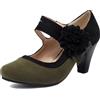 elerhythm Scarpe da donna Mary Jane con fiore, cinturino alla caviglia, tacco vintage, stile anni 1920, pumps con punta chiusa e tonda, anni 1950, vittoriane, scarpe retrò, verde, 37 EU
