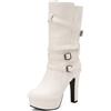 Bviennic Stivali Polpaccio Donna Tacco Alto a Blocco con Plateau Moda Punta Rotonda Senza Chiusura Festa 2538 Bianco Numero 36.5 EU/37Cn
