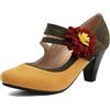 elerhythm - Scarpe Mary Jane da donna con fiore, cinturino alla caviglia, stile vintage, tacco alto, anni 1920, pumps con punta chiusa e tonda, anni 1950, vittoriane, scarpe retrò, giallo., 37 EU