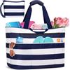 BTNEEU Borsa Mare Donna Grande XXL Famiglia 50L Impermeabile Borsa da Spiaggia con Cerniera Borse Mare Uomo Pieghevole Beach Tote Bag con 14 Taschen per Viaggio Shopping Picnic (Blu Righe)