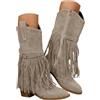 Xbemkste - Stivali da donna con tacco, cerniera, eleganti, con frange, stile cowboy, western, a mezza gamba, stivaletti da donna, stivaletti alti per autunno e inverno, beige., 37 EU