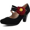 elerhythm - Scarpe da donna Mary Jane con fiore, cinturino alla caviglia, tacco vintage, stile Gatsby anni 1920, con punta chiusa e tonda, anni 1950, vittoriane, retrò, Nero , 37 EU