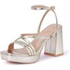 GENSHUO Sandali da donna con tacco alto, plateau spesso, cinturino alla caviglia e punta quadrata aperta - Tacco 10 cm, oro, 41 EU