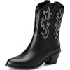 Mo Joc Moda donna gambo corto/caviglia/metà polpaccio cowboy stivali da cowgirl con tacco a blocco e pizzo stivali occidentali, Nero , 35 EU