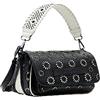 Desigual Borsa in ecopelle con fustellati fiori geometrici a sfondo bianco, chiusura patta calamitata. Presenta ampi scomparti, il centrale con chiusura zip, tasca interna chiusa con zip. Dispone di