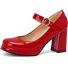 LarDorLin Mary Jane Block Scarpe Donna Punta Rotonda Comode Pumps Vernice Sposa Chunky con Cinturino alla Caviglia Plateau Scarpe da Sera Rosso Numero 33 EU