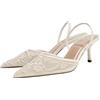 keleimusi Sandali da Donna in Rete con Ricamo Floreale con Perle Borchiate a Punta, Sandali con Tacco in Pizzo Senza Schienale Slip on Tacco Gattino Scarpe da Festa di Nozze, Bianco, 35 EU
