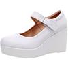 Jamron Donna Piattaforma Alta 8CM Tacco a Zeppa Scarpe Mary Jane Gancio e Anello Décolleté in Pelle Bianco SN070281-2 EU41