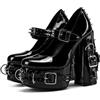 Frankie Hsu Scarpe da donna gotiche di grandi dimensioni, in pelle verniciata, fibbia per cintura, rivetto, luccicante, sexy, plateau, tacco alto, cinturino alla caviglia, tacco alto, nero, 42 EU