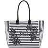 Liu Jo Borsa Shopping da Spiaggia, Nero/Bianco, 100% Cotone, 35x38x22 cm, Righe con Decorazioni Floreali, Maxi Logo