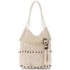 Fecialy Borsa a tracolla da donna estiva da spiaggia tessuto a mano in cotone hobo borsa da vacanza con nappa, beige.