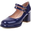 Lizoleor Mary Jane Donna Tacco Largo Plateau Punta Rotonda Decollete con Cinturino alla Caviglia Matrimonio Festa Eleganti Moda Pianta Larga Vernice Scarpe Blu Numero 37 EU/38CN