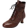 CUTEHEELS Versatili stivaletti in PU in pizzo con punta rotonda e tacchi bassi da donna, marrone, 34 EU