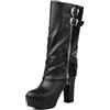 Lizoleor Tacco a Blocco Punta Rotonda con Risvolto Donna Stivali a Metà Polpaccio Side con Cerniera Fibbia Plateau Pleated Solid Color Riding Nero Numero 44 EU/46Cn