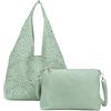 ANGELO Set di Borsa da Donna in Ecopelle, Hobo Bag a Spalla Traforata, Tote a Sacca con Pochette a Tracolla Regolabile, Elegante Capiente per Uso Quotidiano, Lavoro, Shopping, Università (Verde)
