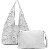 ANGELO Set di Borsa da Donna in Pelle PU, Hobo Bag a Spalla Traforata, Tote a Sacca con Pochette a Tracolla Regolabile, Elegante Capiente per Uso Quotidiano, Lavoro, Shopping, Università (Argento)