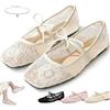 Generic Ballerine da donna ricamate in pizzo a rete, con fiocco e cinturino con nodo quadrato, in memory foam, morbide e comode, ricamate vintage, bianco, 38.5 EU